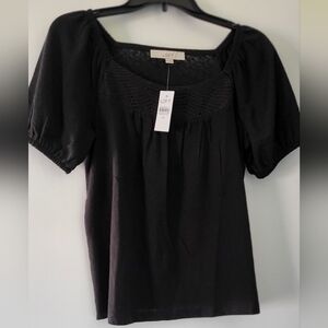 Ann Taylor Loft Black Peasant Blouse Short Sleeve Cotton Poly Blend NWT Size XS